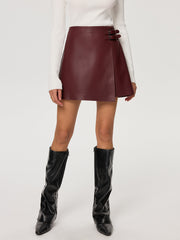 PU Leather Asymmetric Skirt with Double-Belt Detail