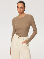 Ribbed Cut-Out Back Wool Blend Sweater