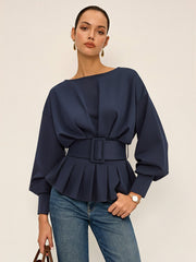 Boat Neck Peplum Sweatshirt with Wide Belt