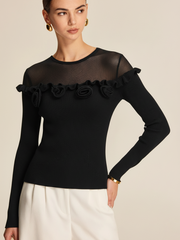 3D Floral Ruffle Trim Sheer Panel Knit Top