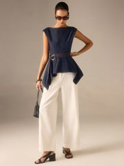 Denim Peplum Belted Top with Asymmetric Hem
