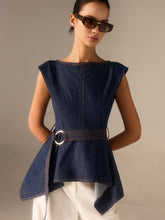 Denim Peplum Belted Top with Asymmetric Hem