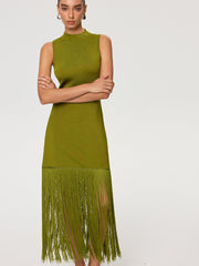 Fringe Hem Tencel Sleeveless Maxi Dress