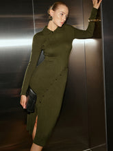 Wool Blend Polo Collar Asymmetric Slit Midi Dress