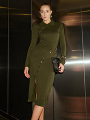 Wool Blend Polo Collar Asymmetric Slit Midi Dress
