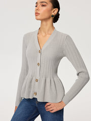 Metal Button V-Neck Peplum Knit Blouse