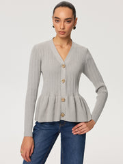 Metal Button V-Neck Peplum Knit Blouse