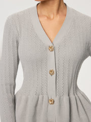 Metal Button V-Neck Peplum Knit Blouse