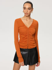 Hook-Eye Ruched V-Neck Long Sleeve Top