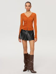 Hook-Eye Ruched V-Neck Long Sleeve Top