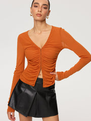 Hook-Eye Ruched V-Neck Long Sleeve Top