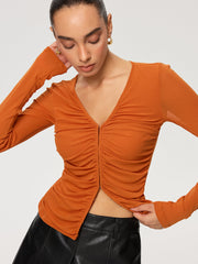 Hook-Eye Ruched V-Neck Long Sleeve Top