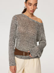 Off-Shoulder Belted Marled Sweater