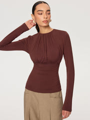 Ruched Long Sleeve Round Neck Knit Blouse