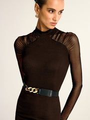 Stand Collar Sheer Sleeve Fitted Blouse