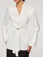 Metal Detail Cinching Satin V-Neck Blouse