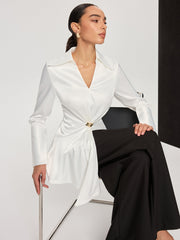 Metal Detail Cinching Satin V-Neck Blouse