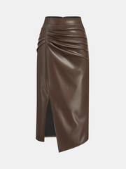 Ruched Slit PU Leather Midi Skirt