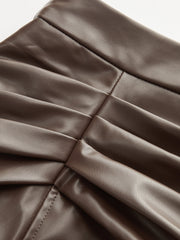 Ruched Slit PU Leather Midi Skirt