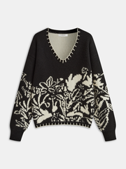 Floral Pattern V-Neck Sweater