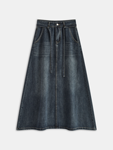 Vintage Washed Denim A-Line Midi Skirt