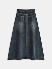 Vintage Washed Denim A-Line Midi Skirt