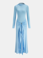 Metal Ring Draped Long Sleeve Maxi Dress