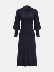 Leg-Of-Mutton Sleeve Wool Blend Collared Midi Dress