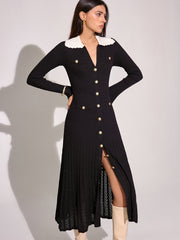 V-neck Collared Button Knitted Dress