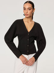 V-Neck Button-Front Puff Sleeve Cardigan