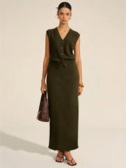 Wool Blend Knit Vest and Maxi Skirt Set
