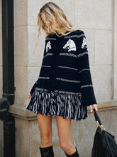 Horse-Pattern Wool Blend Fringe Cardigan