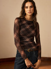 Plaid Mesh Ruched Long Sleeve Top