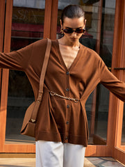 Metal Chain V-Neck Wool Blend Cardigan