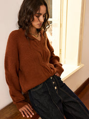 Wool Blend Textured Knit V-Neck Sweater