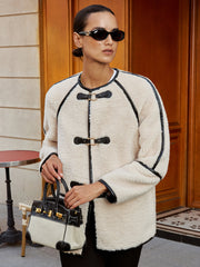 Buckle Detail Contrast Trim Faux Fur Coat