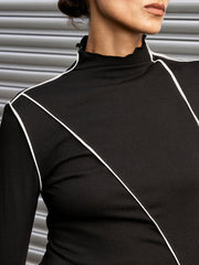 Contrast Asymmetric Piping Mock-Neck T-Shirt