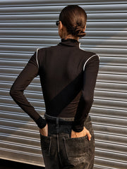 Contrast Asymmetric Piping Mock-Neck T-Shirt