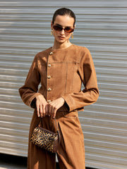 Metal Button Asymmetric Denim Jacket