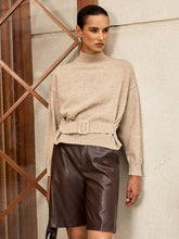 Wool Blend Mock Neck Belted Sweater