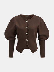 Leg-Of-Mutton Sleeve Heart-Button Wool Blend Cardigan