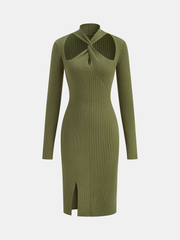 Cut-Out Twist Neckline Slit Knit Midi Dress