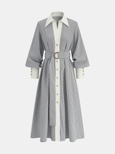Contrast Trim Striped Belted Shirt Dress
