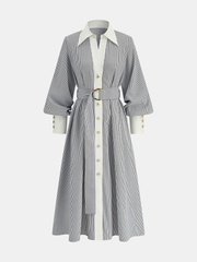 Contrast Trim Striped Belted Shirt Dress