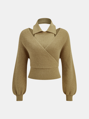 Collared Cut-Out Cross-Front Sweater