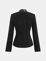 Faux Leather Trim Metal Button Tweed Blazer