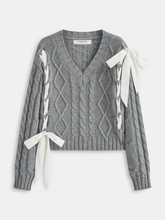 V-Neck Cable-Knit Bow Sweater