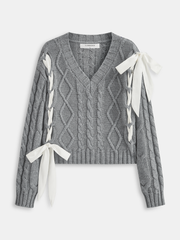 V-Neck Cable-Knit Bow Sweater