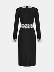 Lace Paneled Collared Long Sleeve Midi Dress