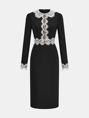 Lace Paneled Collared Long Sleeve Midi Dress
